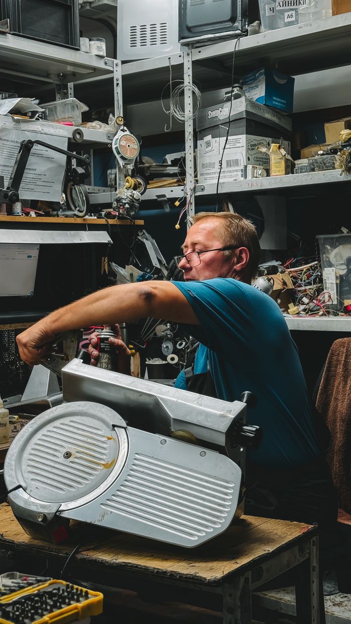 services-01 Man repairing electronic equipment in cluttered repair workshop.